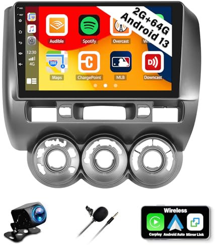 CAMECHO 2G+64G Android 13 Car Stereo for Honda Fit Jazz City 2002-2007 Carplay Wireless Android Auto Mirror Link Sat Nav,9 Inch Touch Screen Radio 2 Din with Bluetooth WIFI FM RDS+Backup Camera