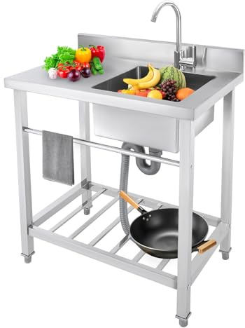 Lavello da cucina autoportante, in acciaio inox, con rubinetto e supporto per tubi quadrato, 1 vasca, lavabo mobile per cucina all'aperto, Gastro, giardino, 80 x 55 x 84 cm (lavello destro)