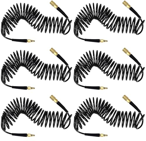 Flutesan 6 Pack 1/4 in x 25 ft Polyurethane Recoil Air Hose Air Compressor Hose Flexible Coil Line with Bend Restrictor 1/4 Industrial Quick Coupler and Plug for Household Garage Station(Black)