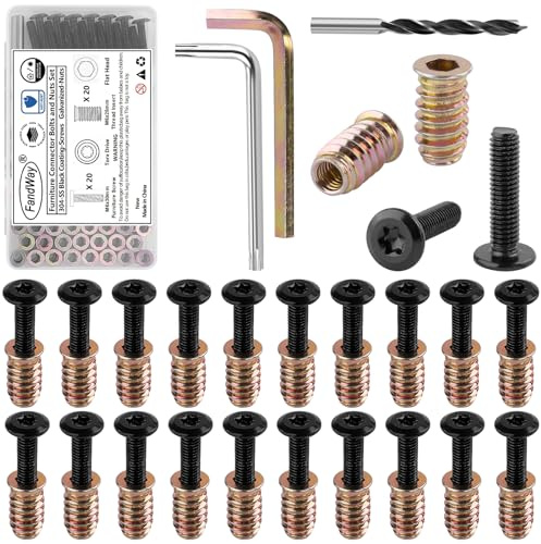 FandWay 25 Sets M6x30mm Torx Furniture Screw Nut,M6x25mm Threaded Inserts for Wood,Connector Bolts and Nuts Set,Flat Head Screw-in Nuts,Torx Drive with Wrenches and Drill Bit.