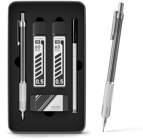 STAGEEK Porte-mines de 0,5 mm avec étui cadeau en métal, porte-mine en métal avec 120 recharges de mine HB, 4B gommes et 9 recharges de gommes, pour écrire, dessiner, dessiner et esquisser (argenté)
