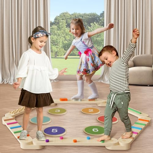 LGMCF Poutre d'équilibre en bois pour enfants avec pierres d'obstacles numériques, pierres d'équilibre Montessori sensorielles, jouets pour les tout-petits, pour construire une piste d'obstacles de