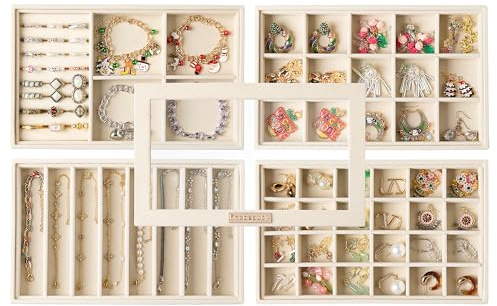 Frebeauty Stackable Jewelry Trays, Velvet Drawer Jewelry Organizer with Glass Lid,5 in 1 Multi-Functional Jewelry Storage for Earrings Necklaces Rings, 10.5 x 6.5 x 5.55 Inches Gift for Women(Beige)