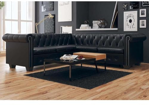 Emmtore Sofá de Esquina Chesterfield 5 plazas Cuero Artificial Negro