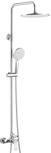 Auralum Columna de Ducha con Grifo, Rociador Redondo Ø250 mm, Teleducha 3 Modos, Barra de Ducha Acero Inoxidable Ajustable, Compatible con Instalación Existente, Alta Presión, Diseño moderno, Cromo