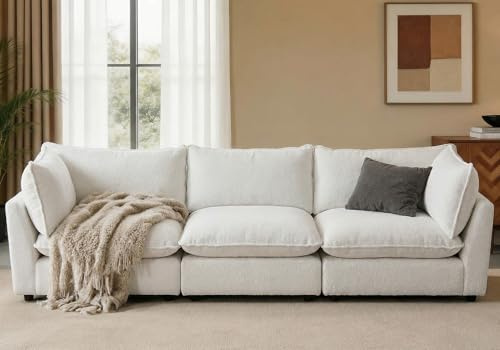 Iroomy Modular Sectional Sofa, Oversized Chenille Cloud Couch, Deep Comfy Seat, 3-Seater Sofas Couches for Living Room, White