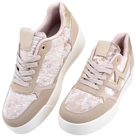 JOMIX Zapatillas de Mujer con Plataforma de Tela con Purpurina Zapatos con Cordones Suela Gruesa Cómodas para Exteriores Informales (Beige, 39)