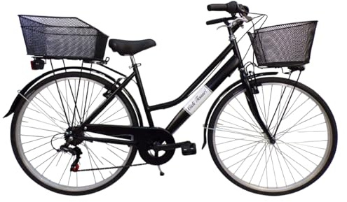 Cicli Tessari - bicicletta donna bici da passeggio city bike 28 cambio 6 velocita' con cesto anteriore e posteriore (nero)