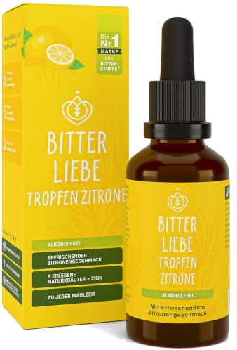 BitterLiebe - Gocce amaro al limone senza alcol, 100 ml, gocce di sostanze amare con zinco e gusto limone, secondo Hildegard von Bingen, vegano e senza alcool, prodotto in Germania