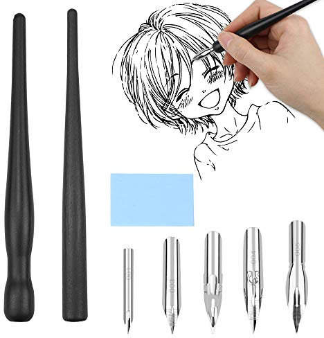 Meetory Federhalter und Halter Set, Federhalter mit Zeichenfeder für Comics, Stifthalter, 2 Federhalter 5 Federn 1 Radiergummi für Zeichnungen für Karikaturisten und Künstler