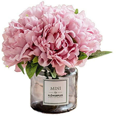 Billibobbi ,Artificial Flowers with Vase, Fake Peony Flowers in Gray Vase,Faux Flower Arrangements for Home Decor,Light Lilac,Small