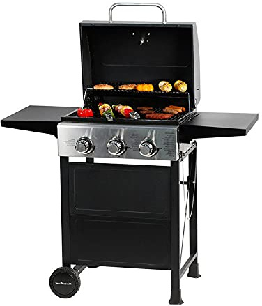 FRYH Parrilla de Gas Propano Líquido Estilo Carro de 3 Quemadores BBQ de Acero Inoxidable con Mesas Laterales Plegables, 30,000 BTU Patio, Jardín, Picnic, Patio Trasero, Parrilla para Barbacoa