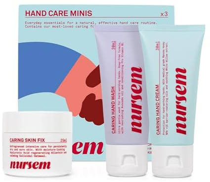 Nursem Hand Care Minis Set, Hand Wash, Hand Cream & Skin Fix, Soothes, Moisturises, Nourishes & Repairs Dry, Sensitive or Hard-Working Hands, Mini Gift Set, Vegan, Dermatologically Tested