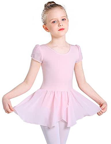 Monbessi Mallot de Ballet/Danza Niña de Manga Corta Tirantes Cruzados Maillot Ballet de Los NiñOs de AlgodóN Ballet Traje de Gimnasia Leotardo con Falda 2-11 AñOs