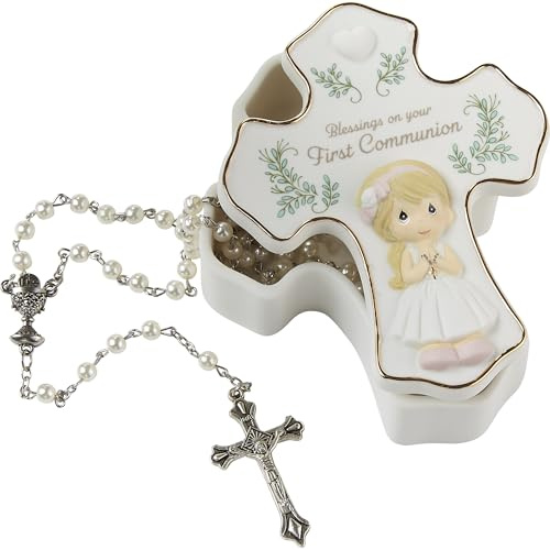 Precious Moments Blessings On Your First Communion, Bisque Porcelain Rosary Box with Rosary, First Communion Gift for Girls, Religious Keepsake for Catholic and Christian Faith