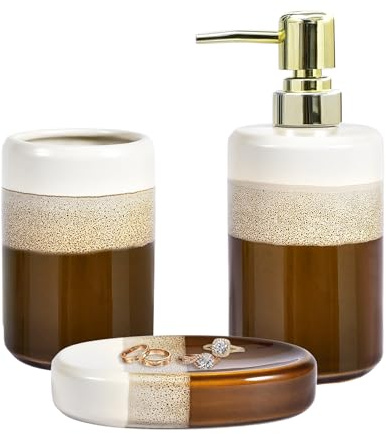 Set di 3 accessori da bagno di lusso in ceramica smaltata reattiva naturale per vasca da bagno, doccia, accessori per piano di lavoro, dispenser di sapone per casa e hotel, marrone oro
