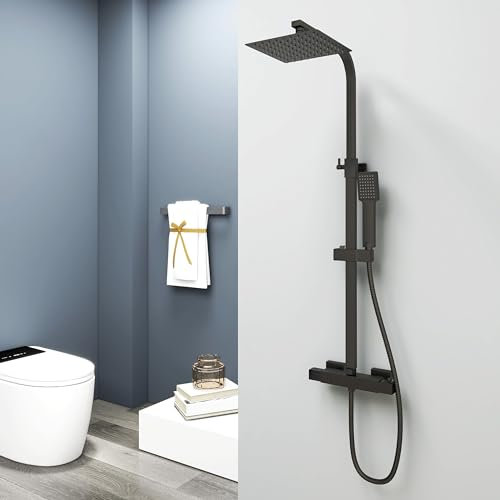 Aica Sanitarios Columna de Ducha Termostática Negro Mate con Cuadrados 38℃, Barra Regulable y Alcachofa de Ducha para Baño, Ducha Lluvia