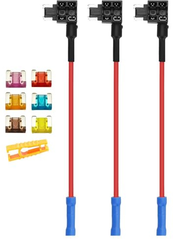 Aiqeer 3 Pezzi 12V / 24V Basso-Profilo Add-a-Circuit Portafusibili, Adattatore Fusibili Auto con 16 AWG Cavo, Gratuito 6 Pezzi Fusibili a Lama Micro e Estrattore di Fusibili (Terminale a Crimpare)