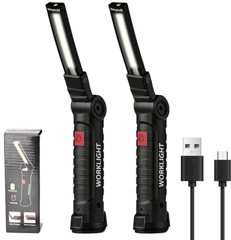 LED Arbeitsleuchte, 2 Stücks COB Arbeitsleuchte, Werkstattlampe Akku mit Magnet Basis und Haken, 360° Drehbar Wiederaufladbare LED Arbeitsleuchte Taschenlampe für Auto Reparatur Werkstatt Garage