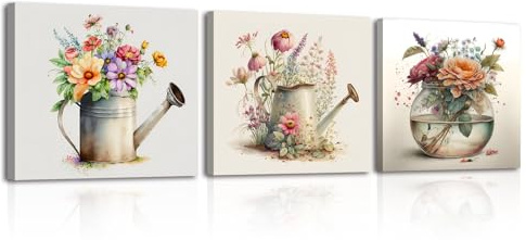 PIY PAINTING Stampe e Quadri su Tela Fiori in vaso 3pz, Quadri con Fiori per Camere da letto, Quadri Cucina Moderni, Moderno Decorazione Murale per Bagno Corridoio 30x30cm, con Cornice Incorporata