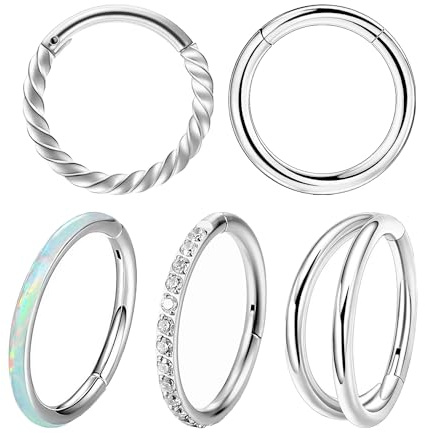 DAZZLUXE Lot de 5 anneaux de nez, à double charnière, zircone, anneaux rotatifs, fermeture polyvalente, bijoux de piercing corporel (argenté), Acier inoxydable