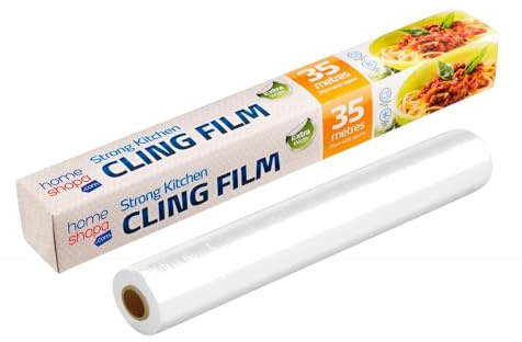 HOMESHOPA Strong Cling Film, All Purpose Clear Plastic Food Wrap, Kitchen Preparation Food Catering Cling Wrap Dispenser with Cutter, Microwave & Freezer Safe (35cm X 35 Metre Long)