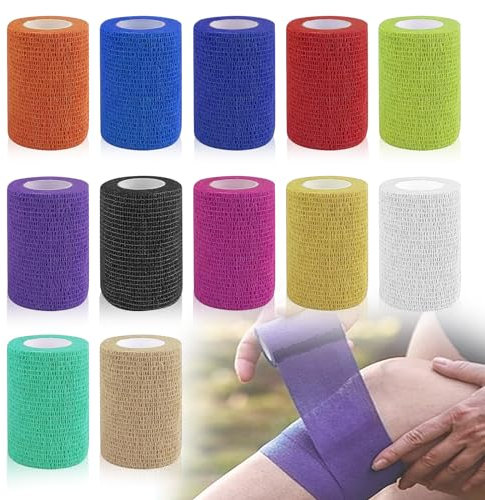 12 Stk Selbstklebender Verband, 10cmx4.5m Selbsthaftende Bandage, Haftbandage Selbstklebend, Elastische Selbsthaftende Verband, Klebeverband Selbstklebend für Aid Pet Grooming Sport Protection(Farbe)