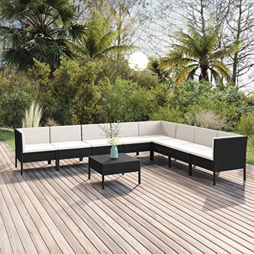 QZZCED Gartenmöbel-Sets Terrassengarnitur Garten-Loungemöbel Balkonmöbel-Set 9-TLG. Garten-Lounge-Set mit Auflagen Poly Rattan Schwarz für Garten, Terrasse und Balkon