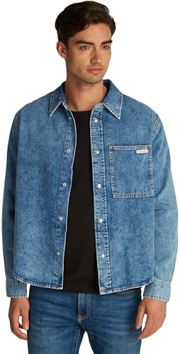 Calvin Klein Uomo Camicia in Jeans Regular Denim Shirt Taschino sul Petto, Blu (Denim Light), M