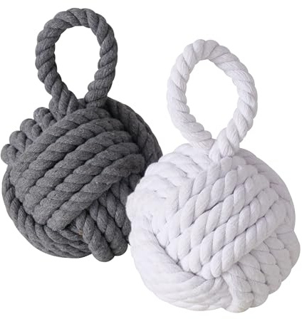 Dörrstopp jute knutar set om 2 stycken 14 cm – grå och vit – dörrbuffertkula av stickad i maritim design – dekorativa repknut dörrbroms, fönsterstopp, klämskydd, dörrfönster, stopp, nautisk look