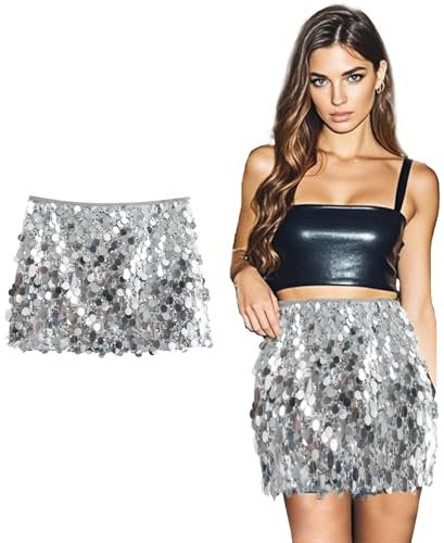 Pailletten Rock Glitzer Rock glitzerrock pailettenrock Damen Festival Sequin Skirt Silber Outfit Glitzerkleid (DE/NL/SE/PL, Alphanumerisch, S, Regular, Regular, silbrig)