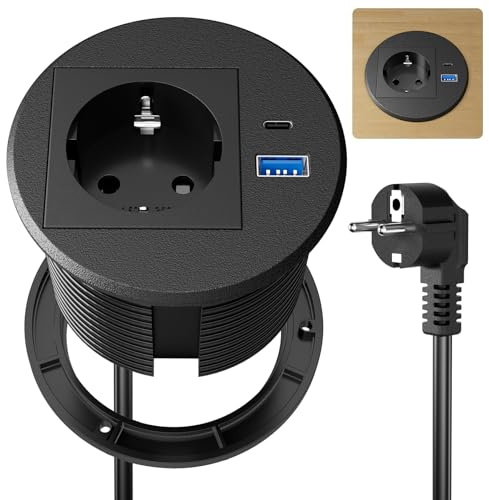 Inbyggt uttag med USB C PD20W, infällbart uttag med USB, inbyggt grenuttag för skrivbord bänkskiva, 2 m kabel, svart