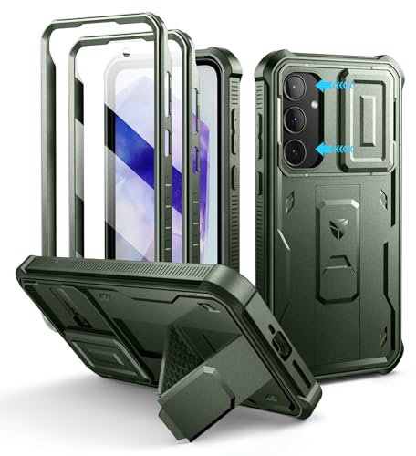 Dexnor Compatible avec Coque Samsung Galaxy A55【Double Cadre Avant et Support】 avec CaméRa Coulissante Intégrée & Protecteur d'écran, Coque de Protection Robuste Résistante Aux Chocs - Vert Militaire