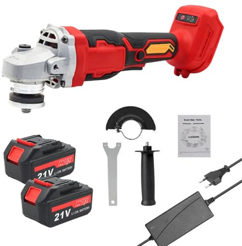 Amoladora Angular, 21V 125mm Herramienta Eléctrica de Rectificado con Motor sin Escobillas para Cortar Azulejos Pulidos Madera Piedra Acero con Dos Baterías de 1500 mAh