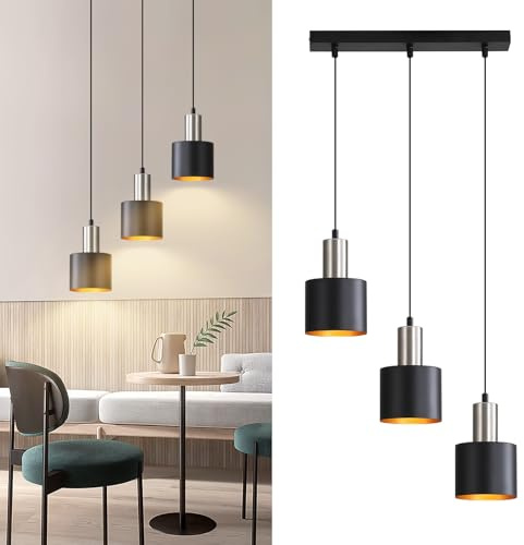 Lichtmaler Pendellampa M,atbord E27 Hängande Lampa Vintage | Kökslampa Hängande 3 Flammor Matsal Svart Guld Köksö Höjdjusterbar Industriell utan Glödlampor