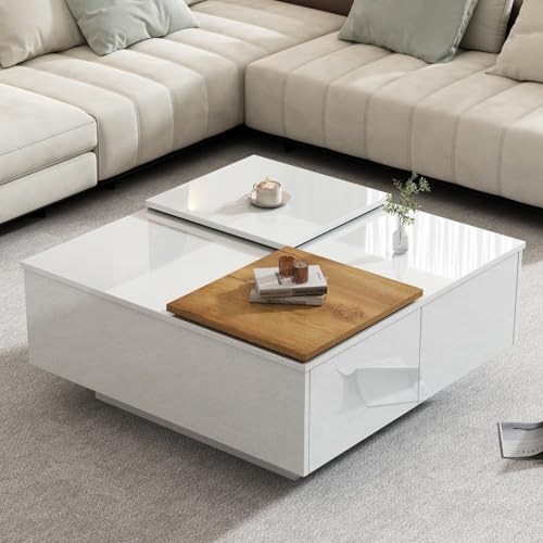 KOMHTOM Table Basse Carrée avec 4 Tiroirs, Table d'Appoint Moderne Noire/Blanche avec Rangement, Coffre Blanc (75 x 75 x 33 cm)