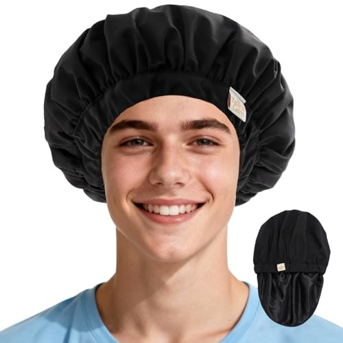 Years calm Cuffia da doccia da uomo, impermeabile e riutilizzabile, design alla moda a doppio strato, fascia elastica regolabile per capelli lunghi e ricci, cuffia da bagno e spa XL per viaggi, cuffia