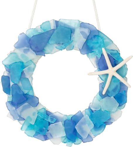 SKOOLOVE Corona de cristal de mar – Corona de playa hecha a mano de 21,5 cm, estilo costero, coronas de decoración navideña para decoración del hogar, puerta, ventana, armario de cocina, silla y pared