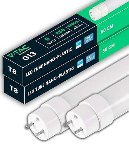 V-TAC 2x Tubes LED 60 CM - T8 G13-7,5W - 850 Lumens - Chip Samsung - Tubes pour Plafond, Mur, Garage, Magasin - Tube forme T8 - Remplacement des Néons - Lumière Blanc Chaud 3000K