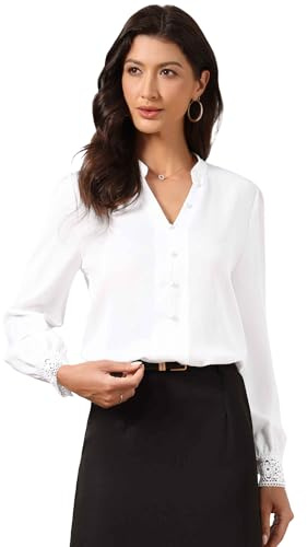 Allegra K Casual Office Blouse for Women's Chiffon Stand Collar Split V Neck Long Sleeve Shirt White L