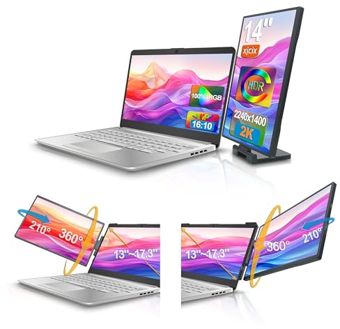 XJCIX 14.1 Moniteur Portable Double 2K IPS (avec Station d'accueil USB) QHD 2440x1400 Plug & Play Dual Extenseur Laptop Écran pour Voyage, Bureau et Domicile Compatible avec HDMI,USB-A et USB-C