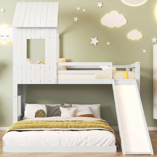 Terahanda Letto a castello con scivolo, letto per bambini, con rete anticaduta, con finestra e tetto, con scala a tre livelli, pino+MDF, bianco, 90 x 200 cm e 140 x 200 cm