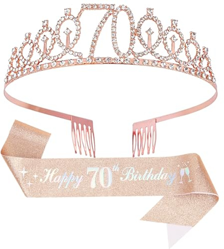 70th Birthday Crown & Sash for Women, Rose Gold | Happy 70th Birthday Sash, Rhinestone Crown for Women's 70th Birthday Decor