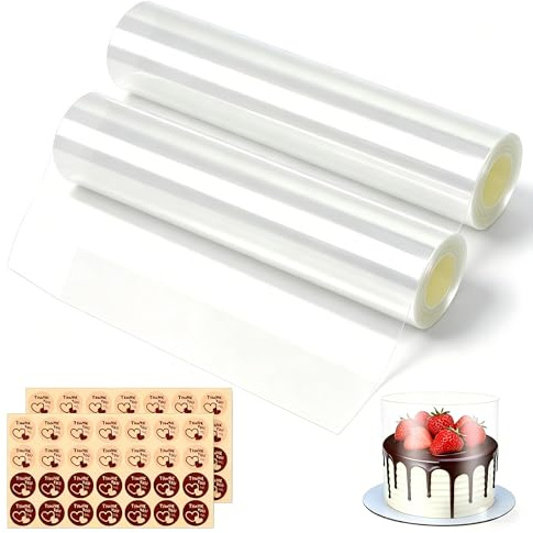 Kontazmi 2 rullar tårtkantsfolie 20 cm x 5 m återanvändbar transparent tårtfolie, tårtringfolie högkvalitativt PET-material för kakor, kräm, chokladmouss, tillverkning gör-det-själv kakor