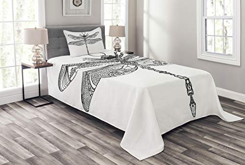 ABAKUHAUS Libelle Tagesdecke Set, Barock Zier, Set mit Kissenbezügen Waschbar, für Einzelbetten 170 x 220 cm, Schwarz-Weiss