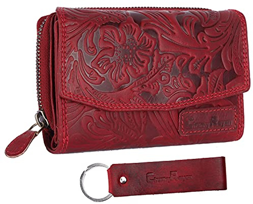 Chunkyrayan Echtleder Damen Geldbörse Hochwertig Vintage RFID Schutz inklusive Leder Schlüsselanhänger P GB-6 Red Flower