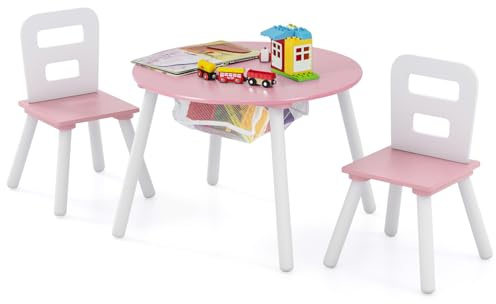 Costzon Kids Table and Chair Set, Wood Activity Table w/Center Mesh Storage, Children Furniture Gift for Boys & Girls, Ideal for Arts, Crafts, Snack Time, Homework, Toddler Table and Chair Set (Pink)