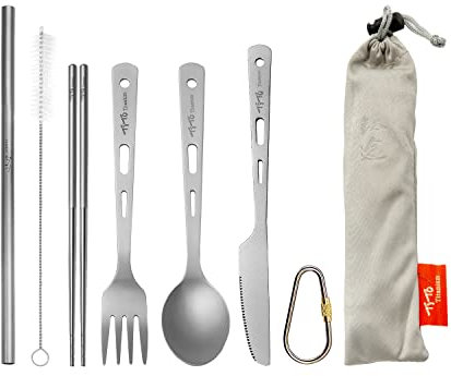 TiTo Titanium Besteckset Löffel Göffel Messer Essstäbchen Tragbar Leicht Outdoor Besteck Extra Strong 3/4/5 Stück Strohhalm für Zuhause,Reisen,Picknick,Wandern Geschirr (5-teiliges Besteck-Set)