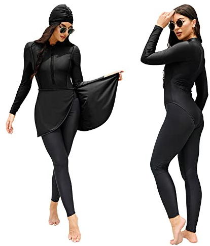 Odizli Burkini Musulman Maillot de bain à manches longues pour femme + short de bain + tablier + hijab 4 pièces Couverture complète Islamique, Noir , S