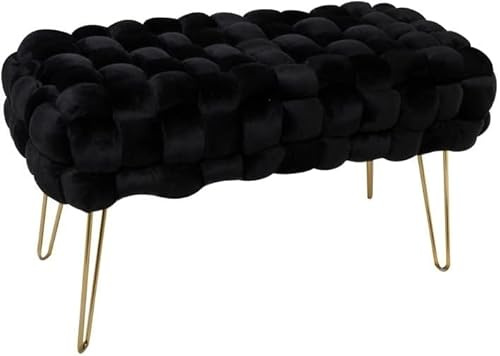 Madera Nieve Banco de cosmética Moderno de Terciopelo, otomano Rectangular con Patas de Metal Dorado, Taburete Acolchado, Asiento de Tejido Terciopelo (Negro, 38P x 70An x 41.5Al cm)
